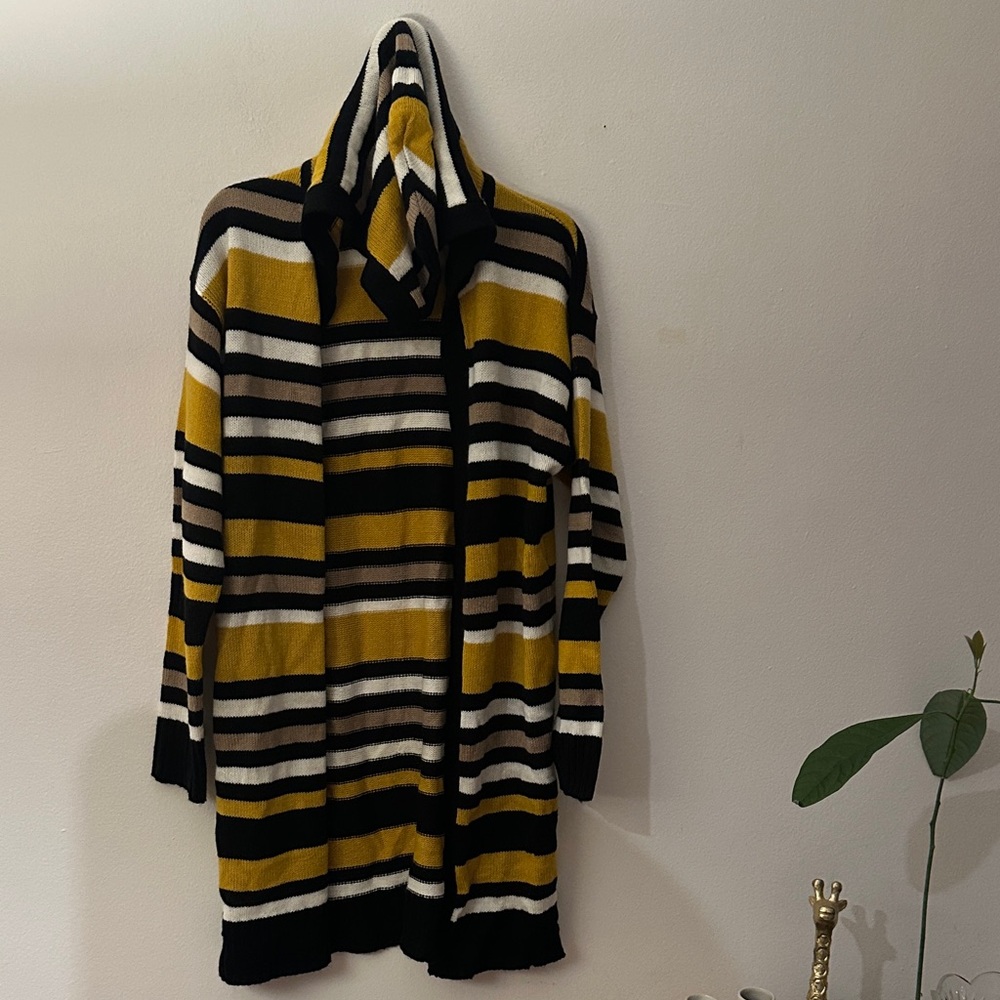 Chic Striped Hooded Cardigan - Black, White, Yellow - Preloved